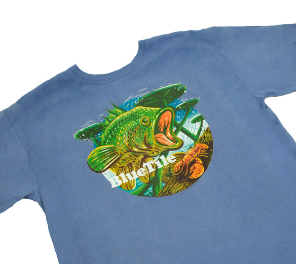 A BLUETILE WILDERNESS BASS T-SHIRT FORTE BLUE with a fish on it from Bluetile Skateboards.