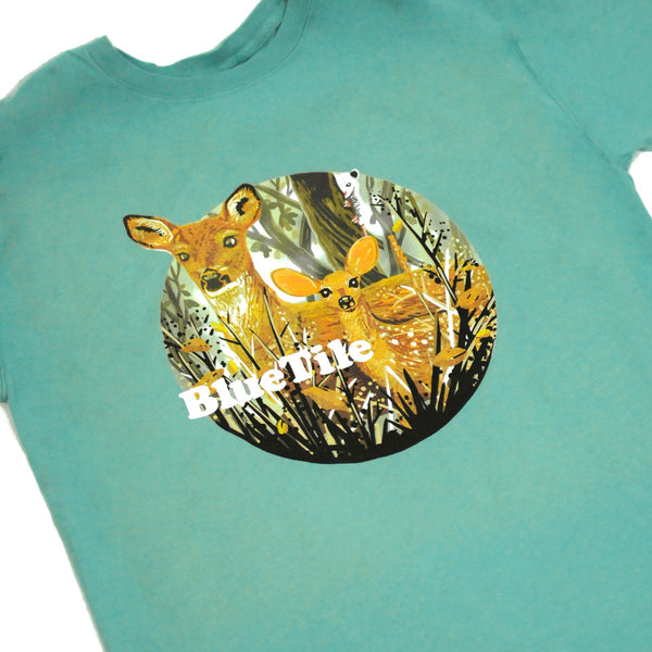 A BLUETILE WILDERNESS DEER T-SHIRT MOSS by Bluetile Skateboards featuring an image of a deer and a fawn, perfect for those who love the wilderness.