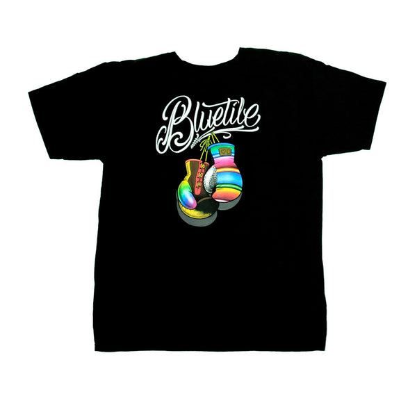 A Bluetile Skateboards black t-shirt with a colorful boxing glove on it.