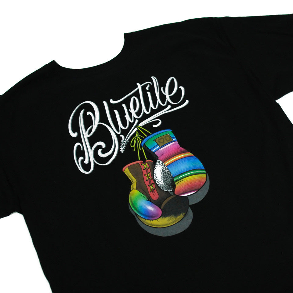 A BLUETILE BOXING CLUB T-SHIRT BLACK with a boxing glove on it. (Brand Name: Bluetile Skateboards)