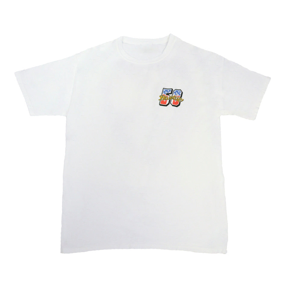 A BLUETILE STUNTS T-SHIRT WHITE with a colorful logo featuring STUNTS from Bluetile Skateboards.