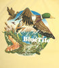 A Bluetile Skateboards yellow t-shirt with an image of a duck and a crocodile.