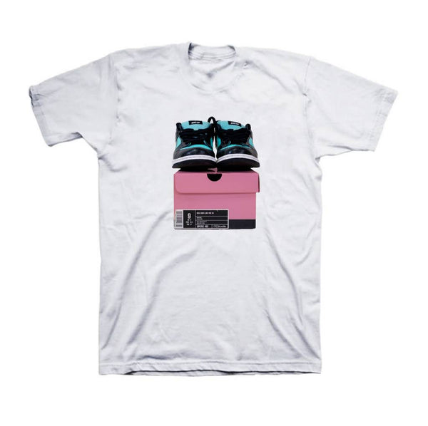 A white BLUETILE FRIENDS AND FAMILY T-SHIRT WHITE featuring the iconic release of Nike SB Dunk sneakers by Bluetile Skateboards.