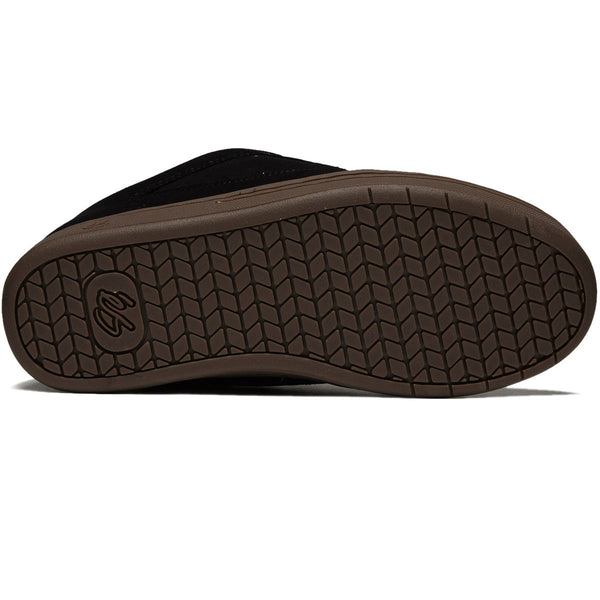 The back of an éS ACCEL OG BLACK / CHARCOAL / GUM shoe.
