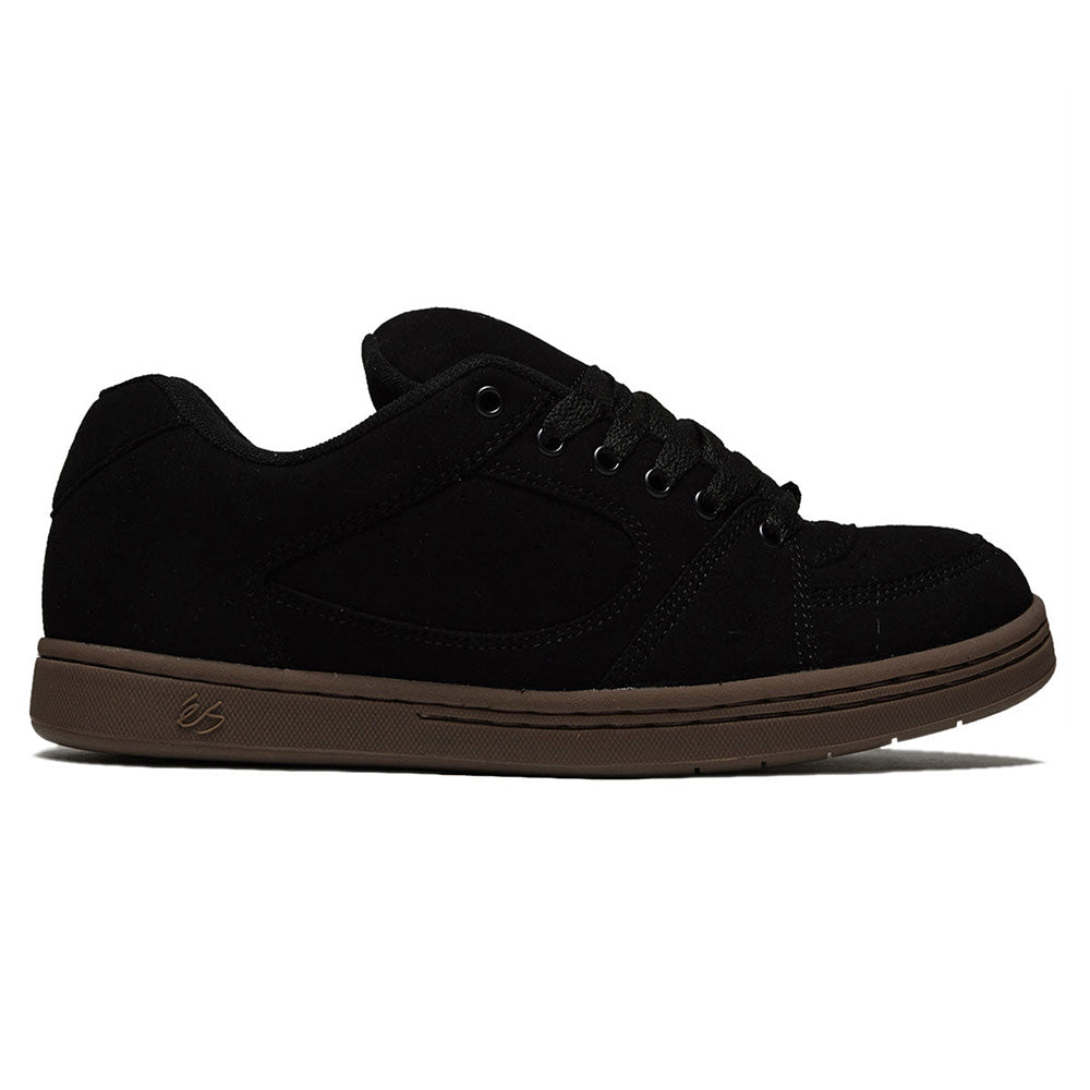 A éS ACCEL OG BLACK / CHARCOAL / GUM skate shoe with a gum rubber outsole.