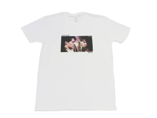 A BLUETILE "LIKE ME" T-SHIRT WHITE with an image of a woman and a man. (Brand Name: Bluetile Skateboards)