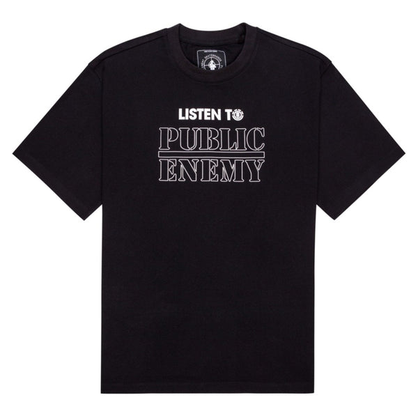 The ELEMENT X PUBLIC ENEMY LISTEN TO TEE by ELEMENT features a black tee with the text "LISTEN TO PUBLIC ENEMY" in bold white on the front.