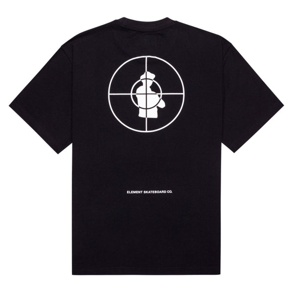 ELEMENT X PUBLIC ENEMY LISTEN TO TEE featuring a white crosshair graphic with a silhouette in the center and "ELEMENT Skateboard Co." text below. This tee by Element makes a bold statement.