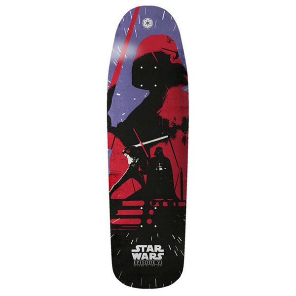 The ELEMENT STARWARS 80'S VADER skateboard deck by ELEMENT features 80’s-inspired Star Wars Episode VI artwork with silhouettes of Luke Skywalker and Vader set against bold red and black accents.