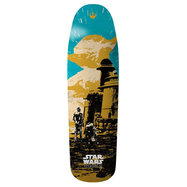 The ELEMENT STARWARS 80'S YODA skateboard deck by ELEMENT is 9.25" wide and features Episode VI art with C-3PO, R2-D2, a building, and Yoda's face in the background.