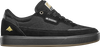 The EMERICA GAMMA G6 JULIAN DAVIDSON BLACK/BLACK sneaker, designed by Julian Davidson, features a sleek black and gold design with a stylish gum sole.