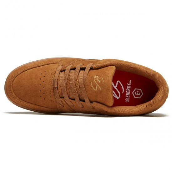 A pair of brown suede ES ACCEL SLIM BROWN / GUM shoes with a gold logo.