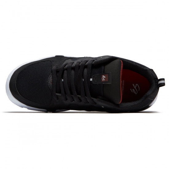 A skate shoe in black and white with red accents, featuring the ES SILO BLACK/WHITE design by ES.