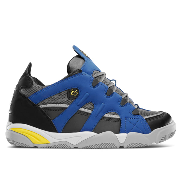 An ES SCHEME ROYAL / BLACK / WHITE basketball shoe with advanced contoured P/U sole and lightweight synthetic nubuck.