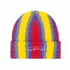 A red, yellow and blue striped cuff beanie