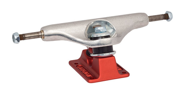 An INDEPENDENT STD 144 FORGED HOLLOW red skateboard truck on a white background.