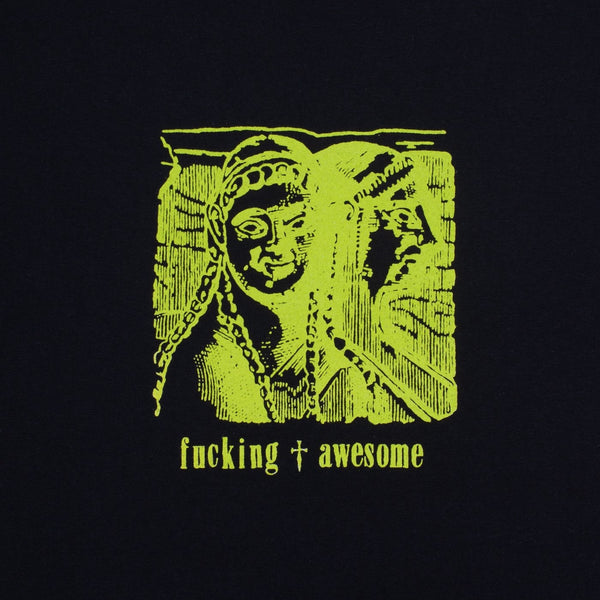 A graphic print featuring a classical statue with an archaic smile in neon yellow on a black background, with the phrase "FUCKING AWESOME" below it. This is the FUCKING AWESOME ARCHAIC SMILE BLACK.