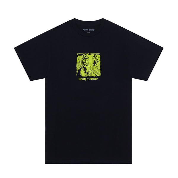 Black FUCKING AWESOME ARCHAIC SMILE t-shirt with a yellow graphic print.
