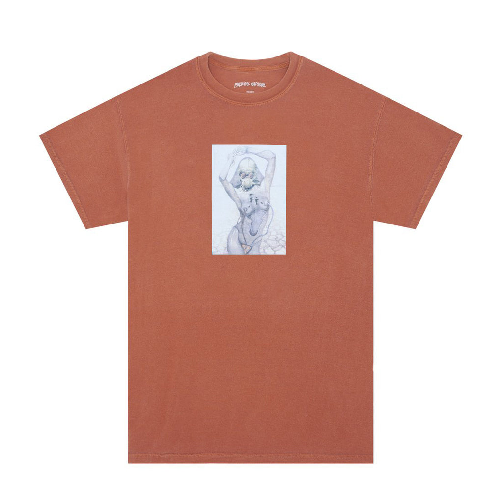 A terracotta-colored Fucking Awesome Robotica T-Shirt with a centered black and white graphic print.