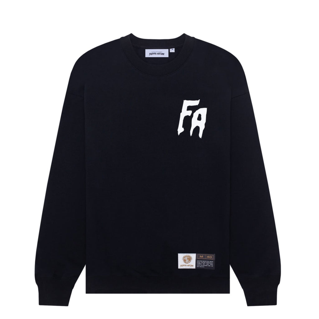 Black FUCKING AWESOME Seduction crewneck sweatshirt with white logo on the chest and patch on the lower front.