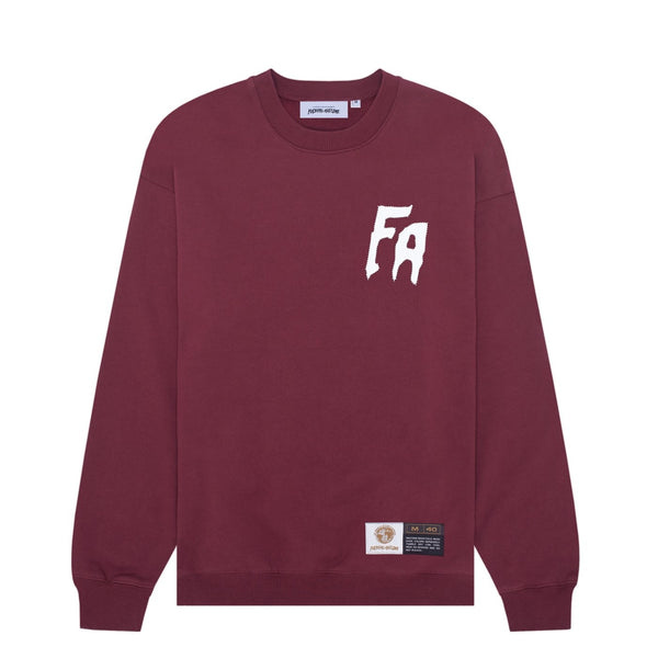 Maroon crewneck sweatshirt with white 'FUCKING AWESOME' logo on chest and branding label near the waist.