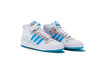 A pair of blue and white ADIDAS DIEGO FORUM 84 MID ADV CHALK WHITE / CLOUD WHITE sneakers.