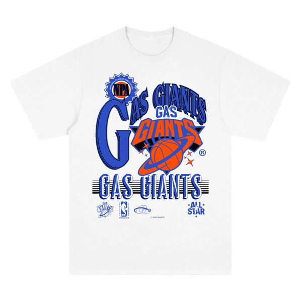 The GAS GIANTS GASKETBALL TEE WHITE features "Gas Giants" in blue and orange lettering, with basketball and planet graphics. This tee also includes NBA, player's union, and "All-Star" logos near the bottom.