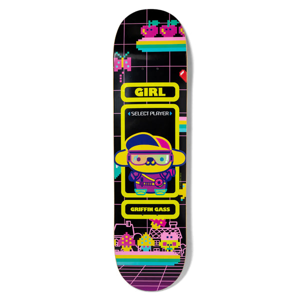 The GIRL GASS SANRIO KAWAII ARCADE skateboard deck by GIRL features a retro arcade theme with a kawaii character in VR gear, plus "GIRL SELECT PLAYER" and "GRIFFIN GASS" text on a neon-accented black grid background.