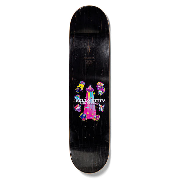 The GIRL GASS SANRIO KAWAII ARCADE skateboard deck by GIRL features colorful Hello Kitty and Friends characters with kawaii text on a black background.