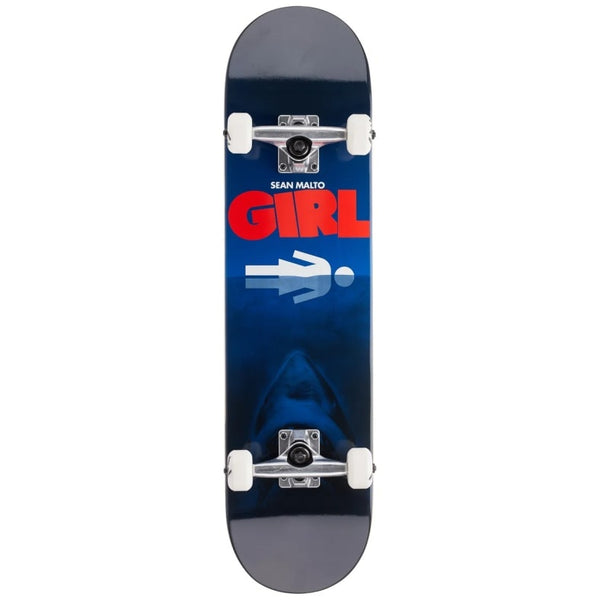 The GIRL MALTO NIGHT ATTACK COMPLETE 8.25 skateboard by GIRL features a blue deck with "GIRL" in red and white, Sean Malto’s name, a figure icon, bold Night Attack graphic, plus silver trucks and white wheels.