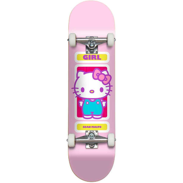 The GIRL MALTO HELLO KITTY COMPLETE 7.5 skateboard by GIRL features Hello Kitty in blue overalls with "GIRL" and "SEAN MALTO" text, part of a collection honoring Sanrio's 60th Anniversary.