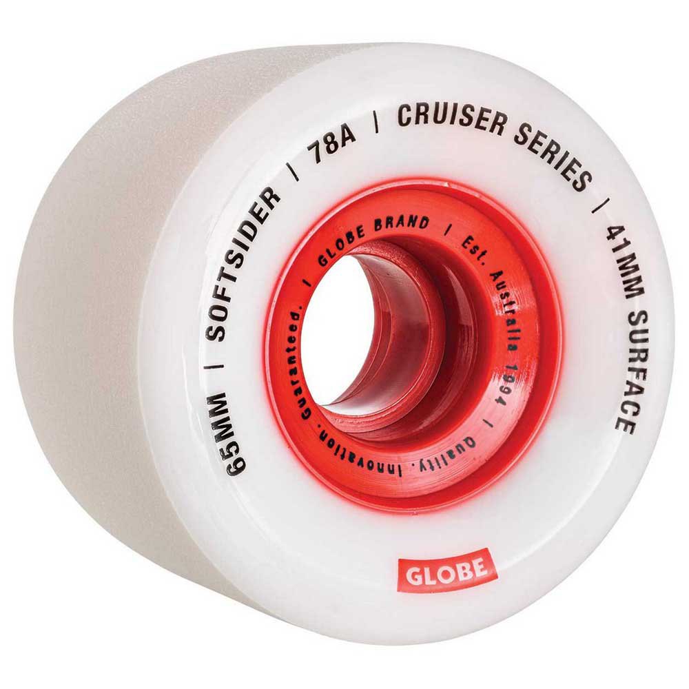 Close-up image of a GLOBE Softsider Cruiser Wheel in white with red accents, labeled "GLOBE" and "Cruiser Series 78A Softsider," highlighting its 65mm cruiser wheels with a 41mm surface.