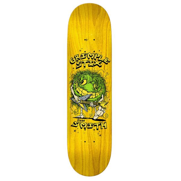 A yellow skateboard with an image of a green tree by ANTIHERO GRIMPLE STIX EVAN FAM BAND 8.5.