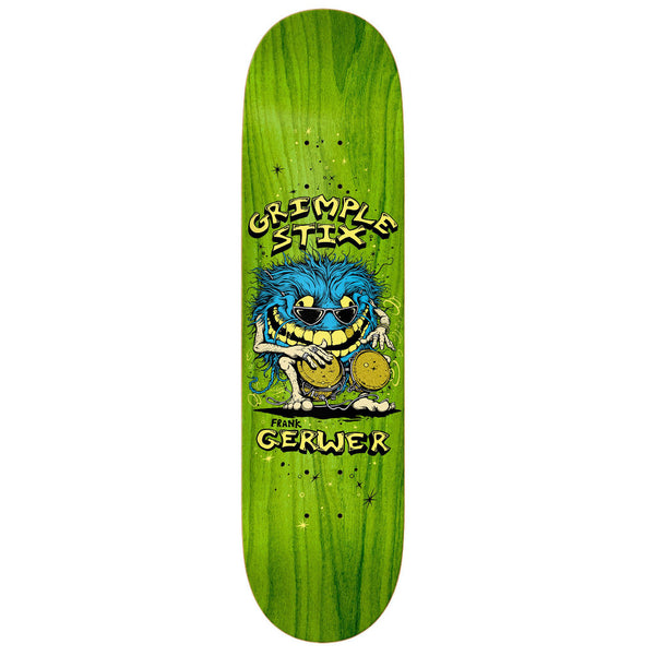 An ANTIHERO skateboard with a monster image, featuring VARIOUS STAINS on the board.