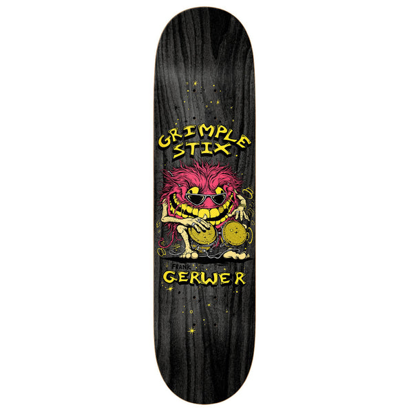 A skateboard with an image of a skull and a stick from ANTIHERO GRIMPLE STIX GERWER FAM BAND 8.06.