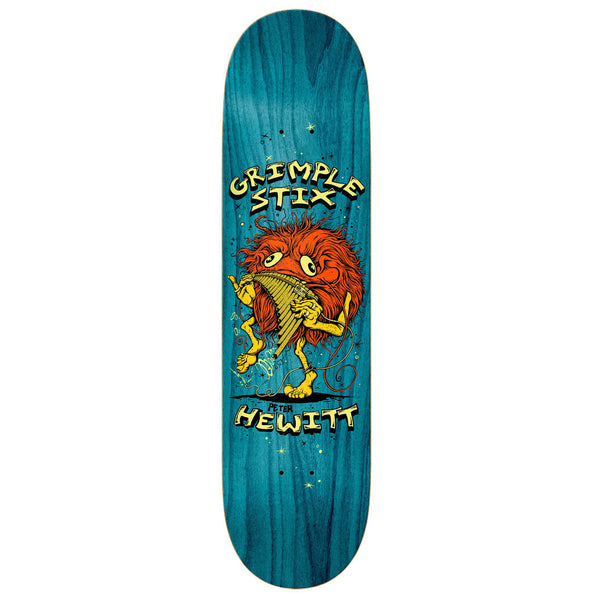 A skateboard deck with an image of a lizard on it, produced by ANTIHERO GRIMPLE STIX HEWITT FAM BAND 8.62.