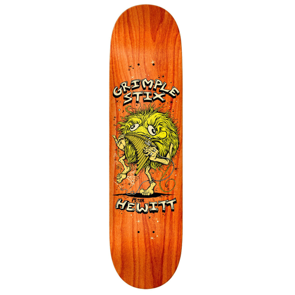An ANTIHERO skateboard deck featuring a green monster image, with the option of various stains, called the GRIMPLE STIX HEWITT FAM BAND 8.25.