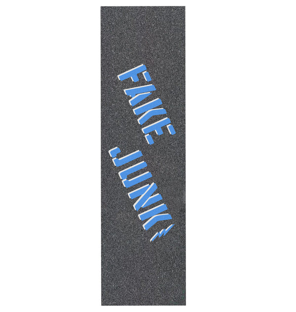 A skateboard with FAKE JUNK GRIPTAPE STENCIL BLUE that features the word "junky" on it.