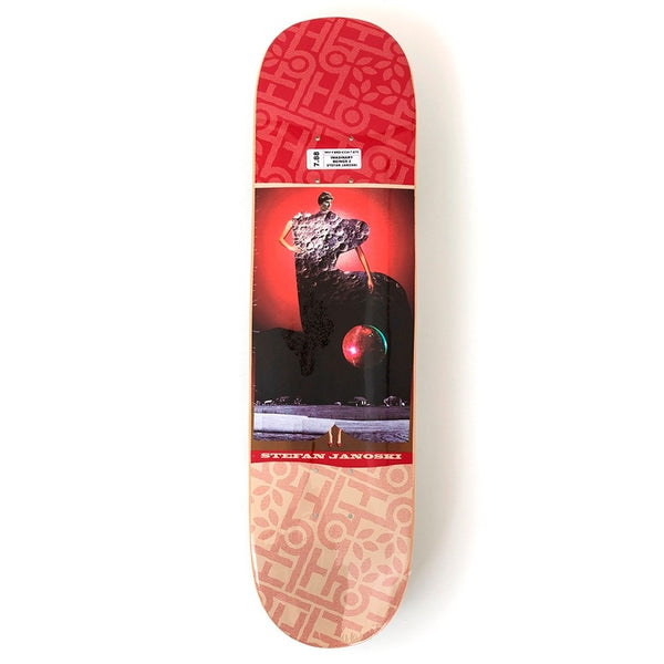 The HABITAT JANOSKI IMAGINARY BEINGS 7.88 skateboard deck by HABITAT features geometric patterns, a "Stefan Janoski" label, and artwork of Imaginary Beings—a dramatic figure with a red balloon.