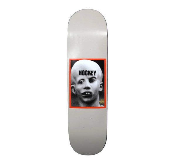 Skateboard deck labeled "HOCKEY" in the center, featuring an image of a person making a funny face, named HOCKEY JASON VORHEES EYES WITHOUT A FACE WHITE.