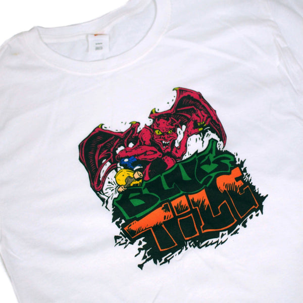A white Bluetile Skateboards SKATE PIT TRIBUTE T-SHIRT with an image of a demon on it.