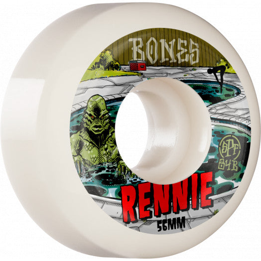 A white BONES skateboard wheel with a picture of a creature on it.