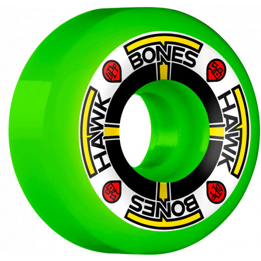 A BONES green skateboard wheel with a white background.