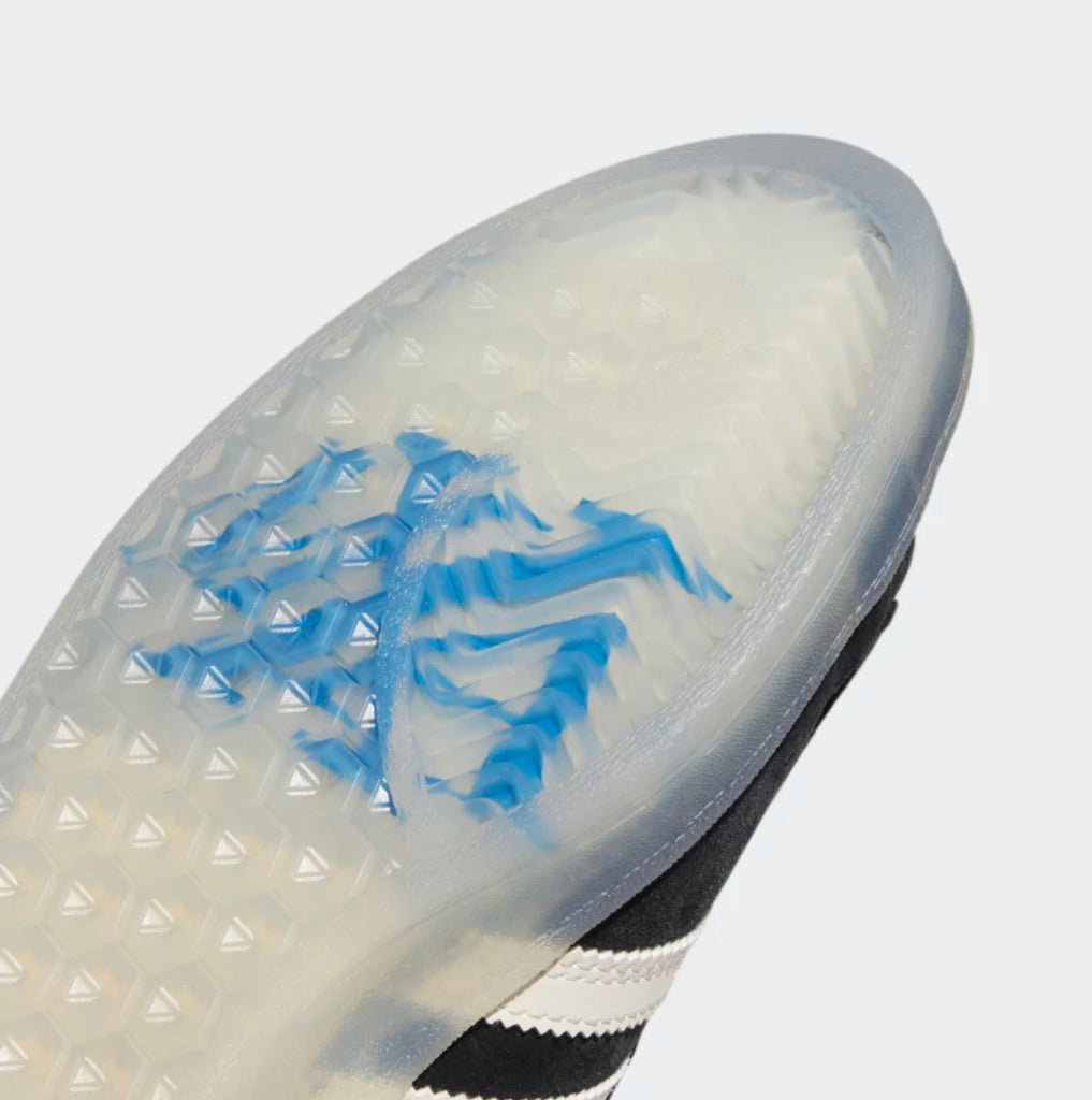A close up of a ADIDAS CAMPUS ADV X MAXALLURE shoe with a blue and white design.