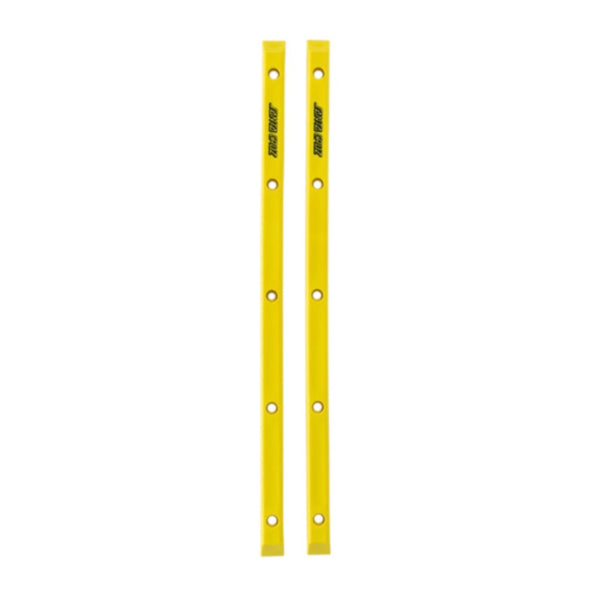Two yellow metal bars labeled "SAFE-T-GLO," perfectly designed for use with SANTA CRUZ SLIMLINE RAILS YELLOW.