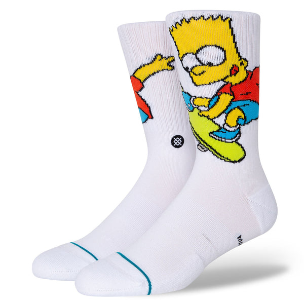 Pair of white Stance socks featuring Simpsons Bart Simpson on a skateboard, crafted with durable Infiknit technology.