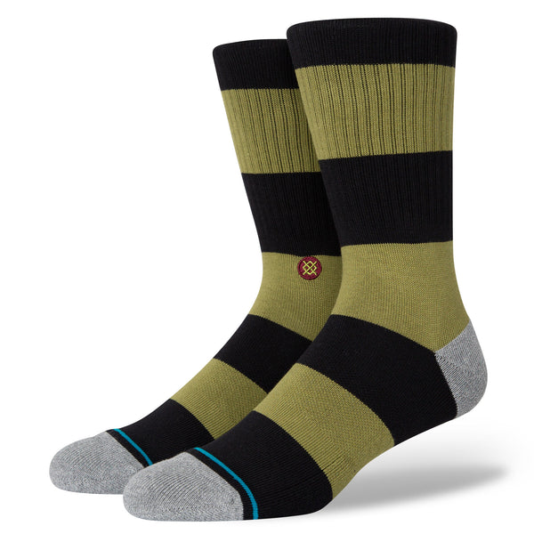 a pair of black and arm green striped stocks with grey heel/toe patterns