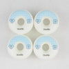 Four Bluetile skateboard wheels with blue hearts on them, measuring 53mm in size.