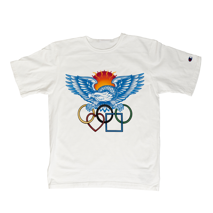 A BLUETILE SUMMER GAMES T-SHIRT WHITE with an eagle and sun on it, produced by Bluetile Skateboards.