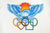 A Bluetile Skateboards white t-shirt with an eagle and Olympic rings on it.